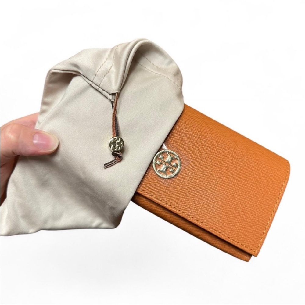 Tory Burch Orange Textured Leather Card Case with Gold Logo